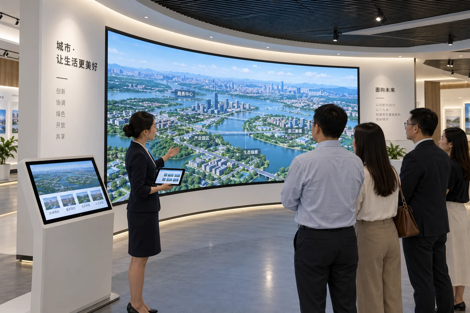 A guide operates a tablet while visitors view a curved display and interactive exhibits