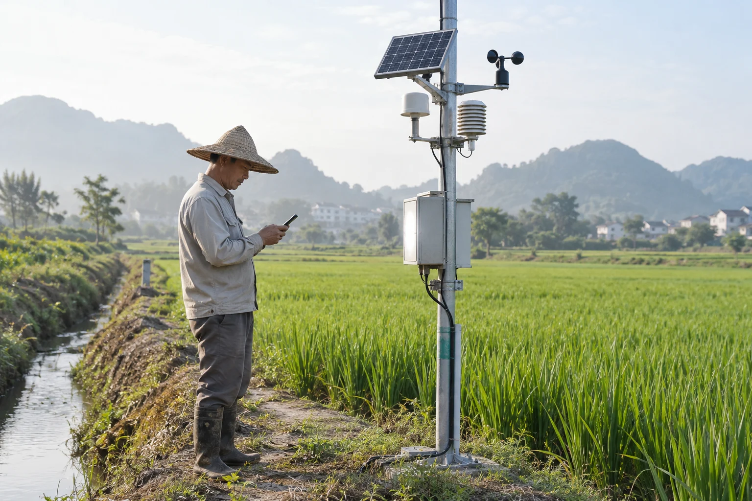 A farm manager checks a phone beside a solar-powered monitoring station at a rice field