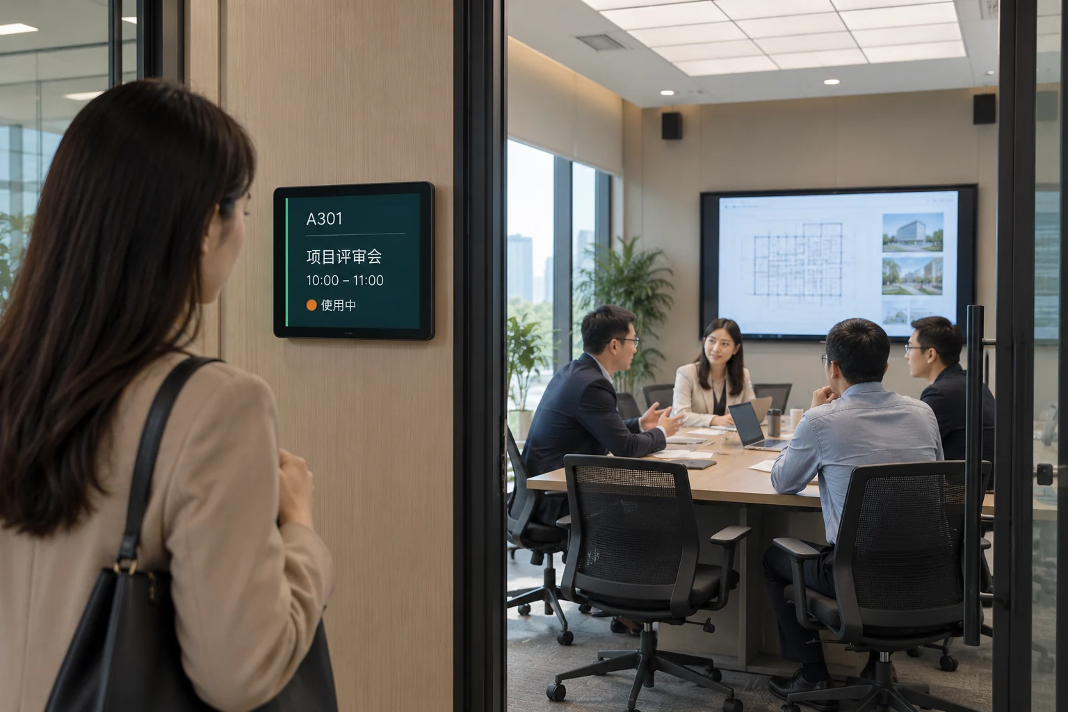 A meeting-room door display shows the current project review while attendees meet inside