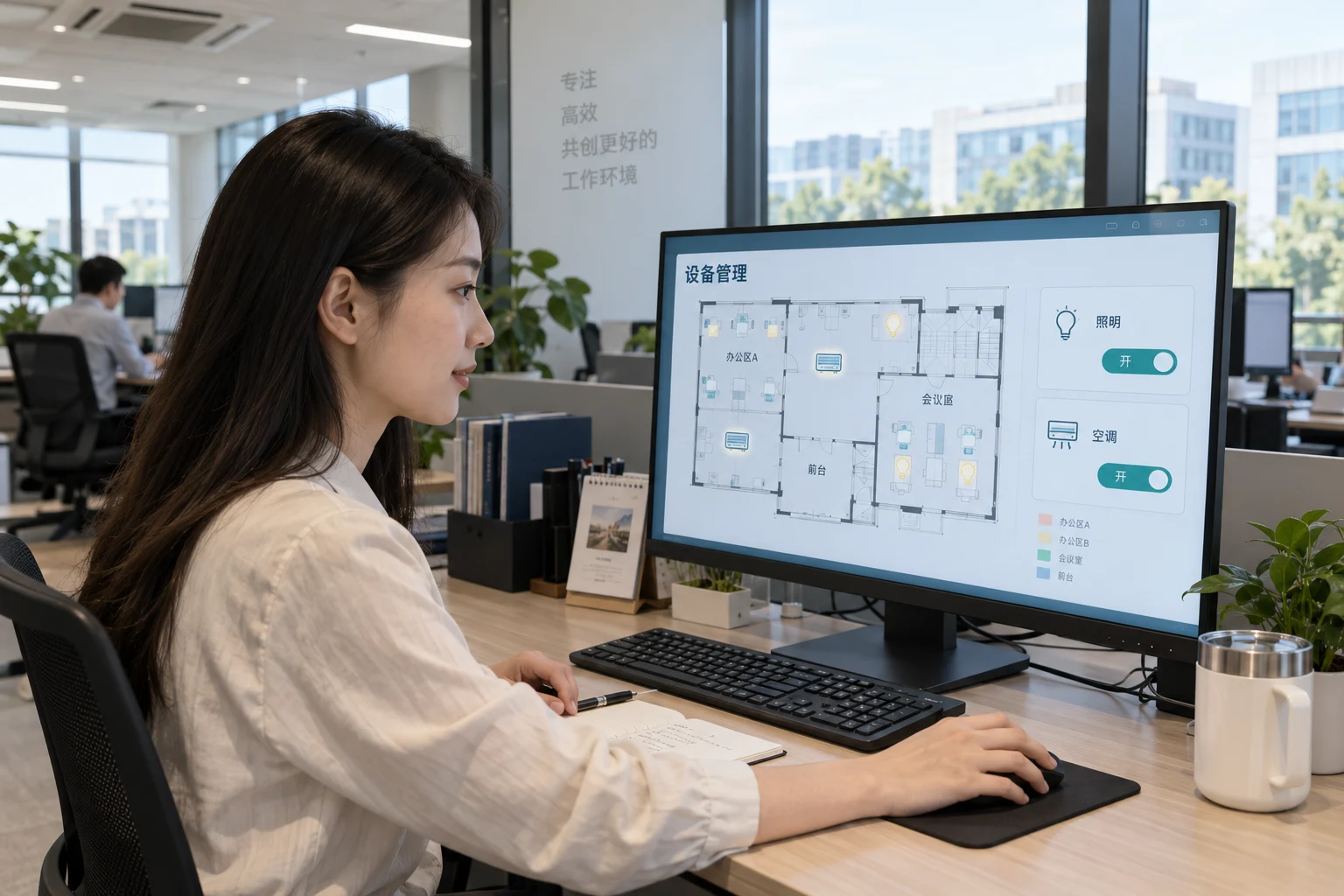 An office manager views lighting and air-conditioning controls beside a working office area