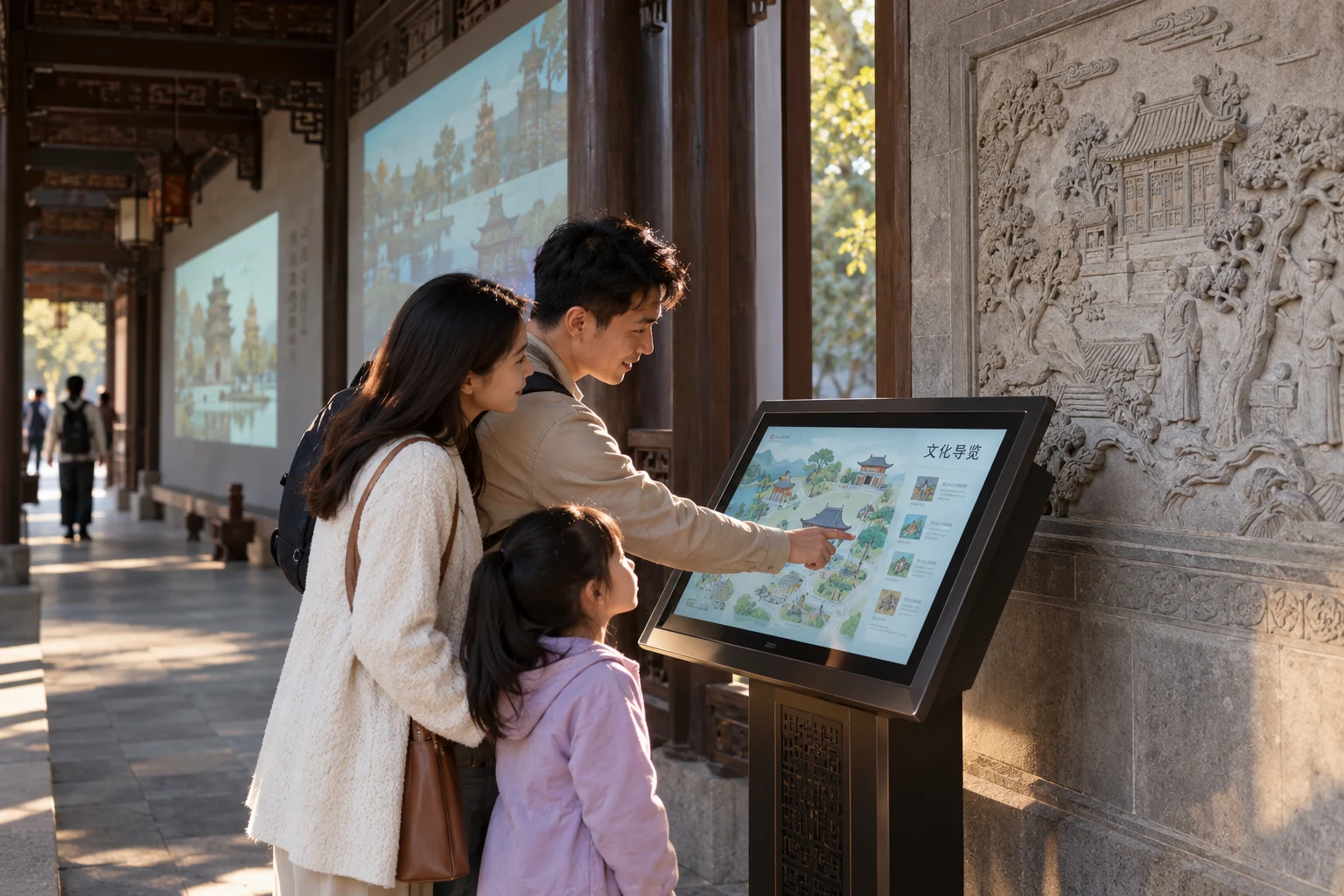 Visitors use a touch guide in a cultural venue, with digital content relating to nearby exhibits