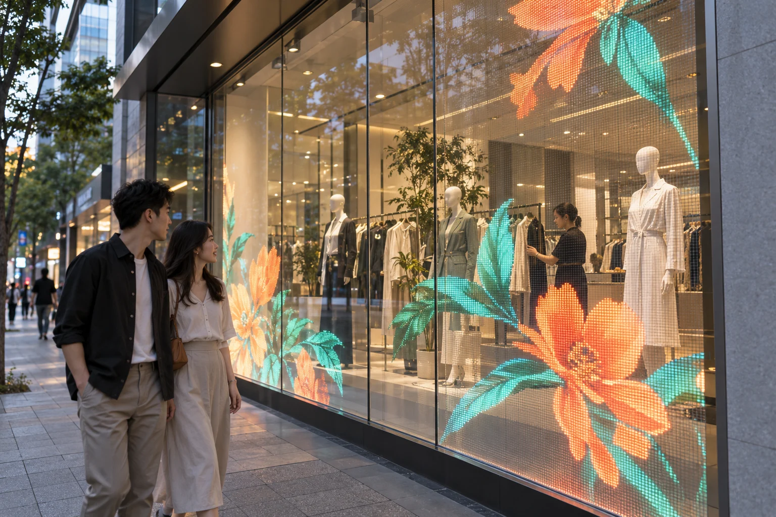 A transparent display on a shop window leaves the products and store interior visible behind the content