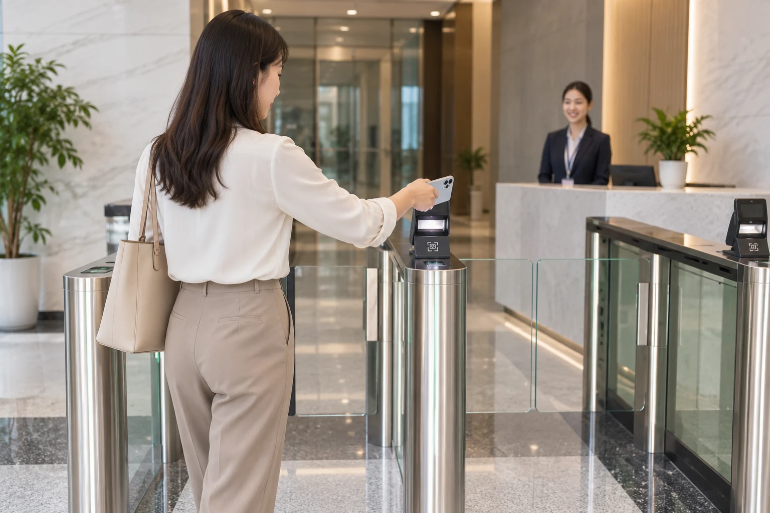 A visitor uses a phone at an office access gate while reception staff welcome them